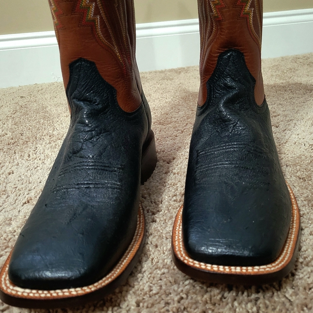 R Watson Smooth Skin Ostrich Boots in Black and Brown Leather